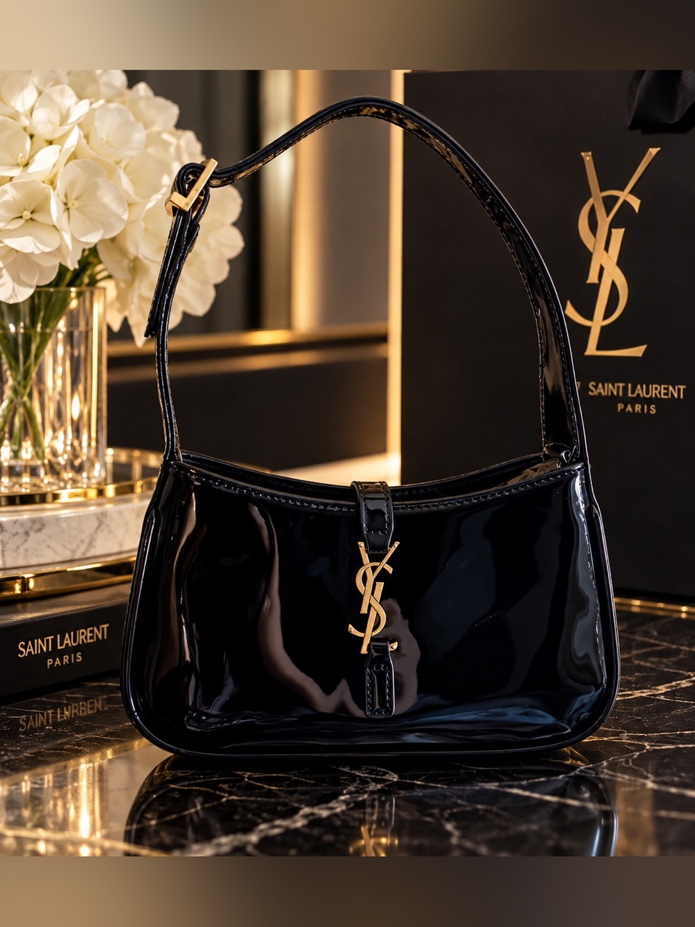 Yves Saint Laurent Black Patent Leather Shoulder Bag with Gold YSL Logo